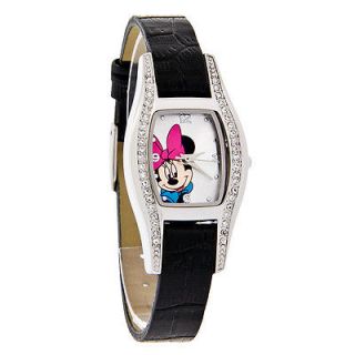 Disney Minnie Mouse Crystal Ladies Pink Bow Dial Black Leather Watch
