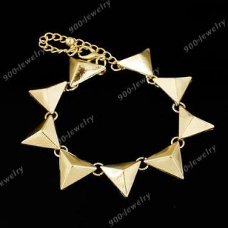 Punk Gold Tone Triangle Spike Rivet Alloy Chain Bracelet Bangle