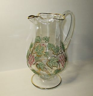 Footed Water Wine Pitcher 24KT Gold Raised Leaf Etched Painted VGC