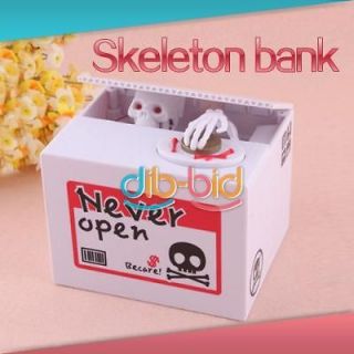 New Never Open Creative Skull Skeleton Head Money Coins Box Chest Bank