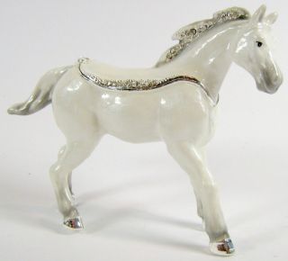 Silver Streak Beautiful Running White Horse Jewelled Trinket Box or