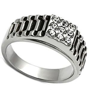 Mens Nine Crystal Pave Gear Silver Stainless Steel Ring