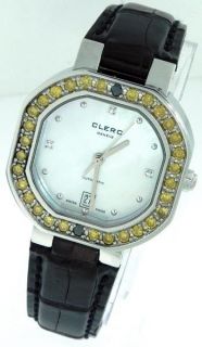 New Ladies Clerc 9806 Y White Mother of Pearl Rare Yellow Diamond Date