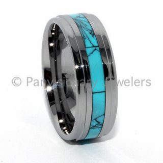 9MM StepBevel Edge Natural Tungsten Carbide Ring Turquoise Dyed Shell