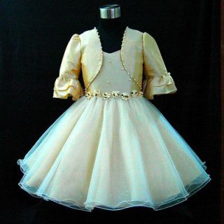 B875 Beige Gold Wedding Flower Girls Dress + Cardigan Set SZ 2 3 4 5 6