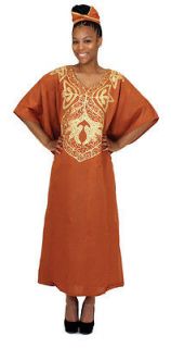 AFRICAN STYLE BROWN EMBROIDERED KAFTAN ETHNIC TUNIC LONG DRESS L XL1X