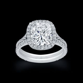 VS2 cushion diamond double halo engagement ring set 18k white gold
