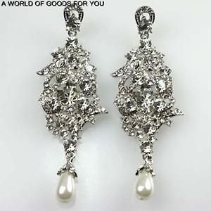 NEW CLEAR CRYSTAL & FAUX PEARLS SILVERTONE PAVE CLUSTER 3.5 BRIDAL