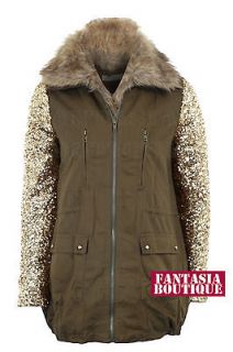 NEW WOMENS KHAKI GOLD DETACHABLE FUR QUILTED SEQUIN SLEEVE LADIES COAT