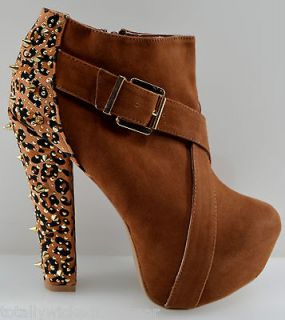 Alba Tifany Leopard Ankle Boot Faux Suede Stud Spike Chunky Heel