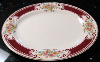  Homer Laughlin MultiColored Floral Burgandy Rim Oval Platter 11 5x9
