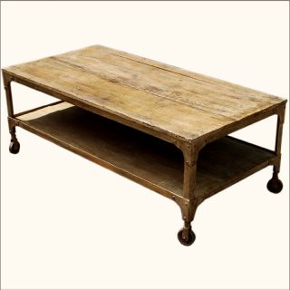 Old Reclaimed Wood Wrought Iron Rolling Wheels Coffee Table