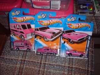 2012 HOT WHEELS PINK CARS LOT OF 3 BREAST CANCER COLOR CARS 