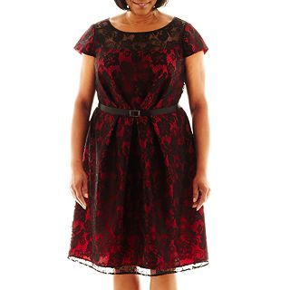 Dana Kay Belted Lace Dress   Plus, Red/Black