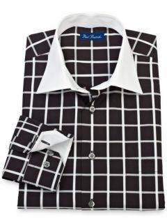 Paul Fredrick Mens 100% Cotton Windowpane Spread Collar Sport Shirt