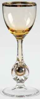 Czechoslovakia Crystal Atlas Amber Cordial Glass   Amber, Gold Trim    Gold Ball