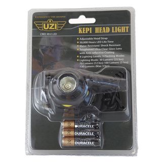 UZi Kepi Head Lamp Light (BlackWeight 5.3 ouncesPackage contents Head lamp, batteries, adjustable head strao and a cree XR E LED bulbSettings Four (4) lighting levels and three (3) flashing modesBatteries required Three (3) AA batteries (included) )