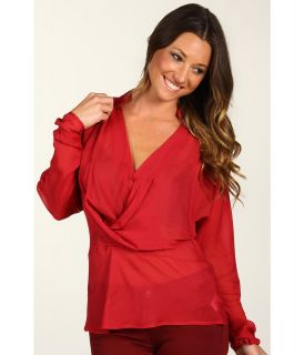 Halston Heritage Long Sleeve V Neck Drape Front Sheer Blouse Womens Blouse (Red)
