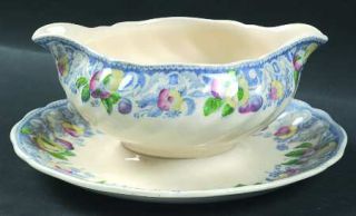 Royal Doulton Pomeroy Blue Multicolor Gravy Boat with Attached Underplate, Fine