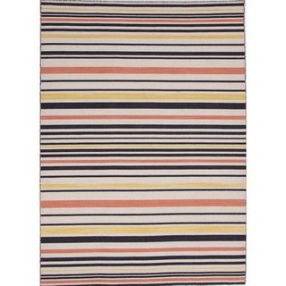Flat Weave Stripe Multi Color Wool Rug (5 X 8) Ebony