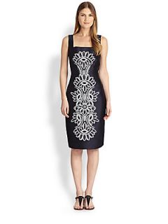 Tory Burch Lily Embroidered Silk Dress   Navy