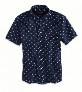 Navy AE Stars Short Sleeve Button Down Shirt, Mens L