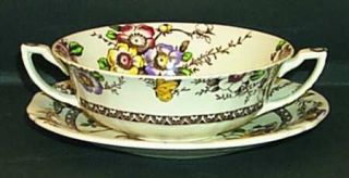 Alfred Meakin Medway Decor Dark Brown/Multicolor Flat Cream Soup Bowl & Saucer S