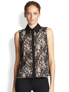 Alice + Olivia Lace Sleeveless Button Front Blouse   Black
