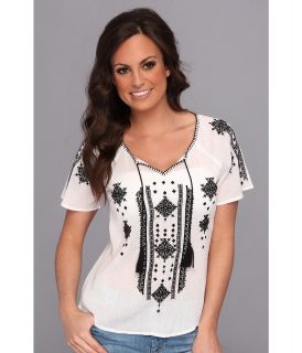 Lucky Brand Black White Embroidered Peasant Womens Short Sleeve Pullover (White)
