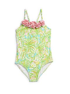 Lilly Pulitzer Kids Girls Maile One Piece Floral Print Swimsuit   Green 