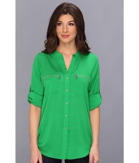 Calvin Klein Zipper Roll Poly CDC Sleeve Womens Blouse (Green)