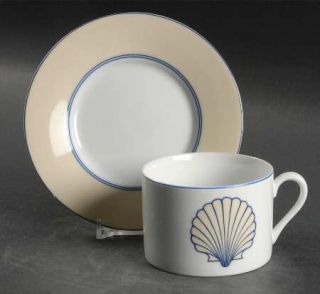 Fitz & Floyd Nobilis Flat Cup & Saucer Set, Fine China Dinnerware   Cream & Blue