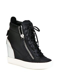 Giuseppe Zanotti Leather & Metallic Leather Wedge Sneakers   Black