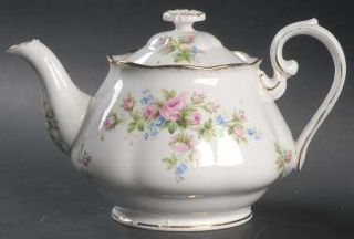 Roslyn (England) Moss Rose Teapot & Lid, Fine China Dinnerware   Pink Roses & Bl