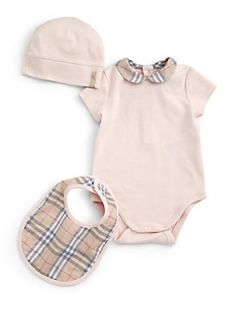 Burberry Infants Three Piece Check Bodysuit, Bib & Hat Gift Set   Ice Pink