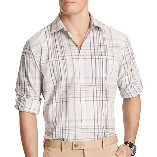 Van Heusen Plaid Seersucker Shirt, Grey, Mens