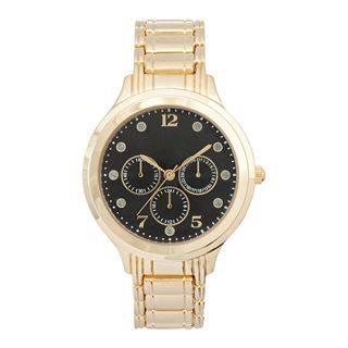 Womens Black Dial Crystal Accent Watch, Gold