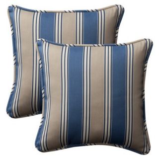 2 Piece Outdoor Toss Pillow Set   Blue/Beige Stripe 18