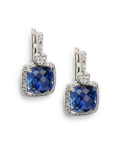 White Sapphire & Sterling Silver Blue Cushion Earrings   Blue