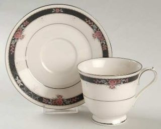 Noritake Etienne Footed Cup & Saucer Set, Fine China Dinnerware   Pink&Gray Flow