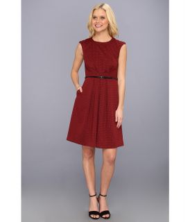 Maggy London Cap Sleeve Belted Diamond Dot Printed Ponte Dress Womens Dress (Red)