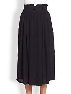 A.L.C. McDermott Silk Belted Button Front Midi Skirt   Midnight