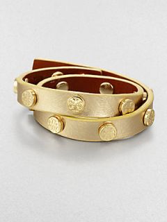 Tory Burch Logo Studded Metallic Leather Double Wrap Bracelet   Gold