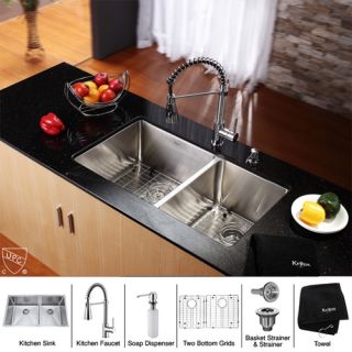 Kraus KHU10333KPF1612KSD30CH 33 inch Undermount Double Bowl Stainless Steel Kitchen Sink with Chrome Kitchen Faucet and Soap Dispenser