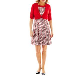 Houndstooth Dress with Jacket   Petite, Red, Womens