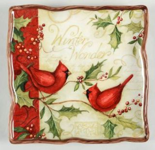 Winter Wonder Square Dinner Plate, Fine China Dinnerware   Cardinals,Holly,Words