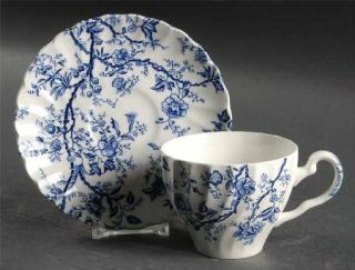 Johnson Brothers Old Bradbury Blue (White Background) Flat Cup & Saucer Set, Fin