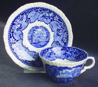 Masons Vista Blue Flat Cup & Saucer Set, Fine China Dinnerware   Blue Leaves,La