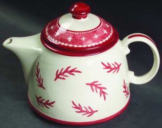 Dansk Nordic Knits Red Teapot & Lid, Fine China Dinnerware   Off White&Red, Tree