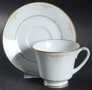 Noritake Glendola Footed Cup & Saucer Set, Fine China Dinnerware   Gray/Gold/Whi